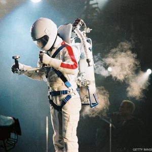 Michael Jackson performs his fifth Dangerous Tour show at UK Wembley Stadium, leaves stage assisted by a jet pack